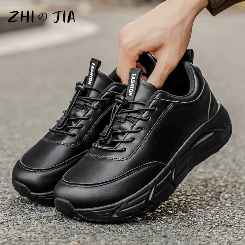 Large Wide Head Shoes Autumn and Winter Anti slip Sneaker Classic Black Leather Casual Shoes Trendy Matching Footwear 36-47