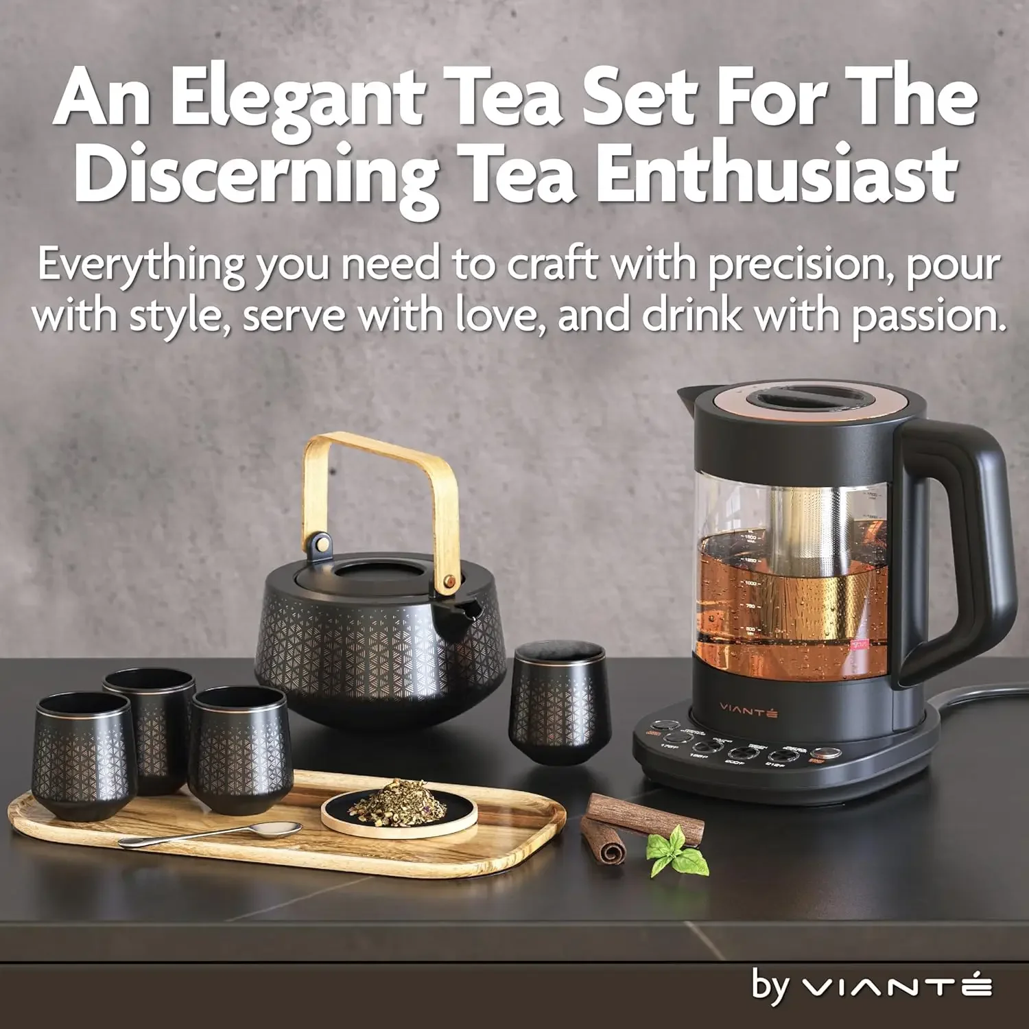 Luxury Tea Set Electric Kettle with Tea Infuser for Loose Leaf  Ceramic Serving Set Tea Pot and Cups Set with Wooden Tray