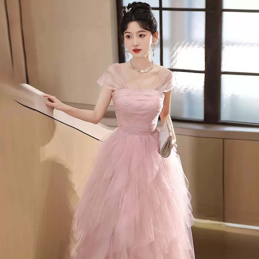 Vestido de noite leve nicho de luxo high-end rosa formatura estilo fada saia longa vinda de cerimônia de idade para estudantes