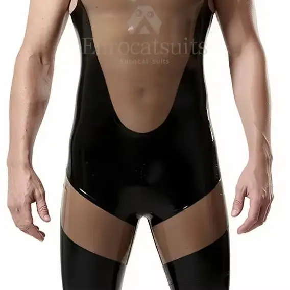 

Rubber Cosplay Wear Handmade Black Clear Latex Bodysuit Men Sleeveless Sheer Panel Transparent Custom