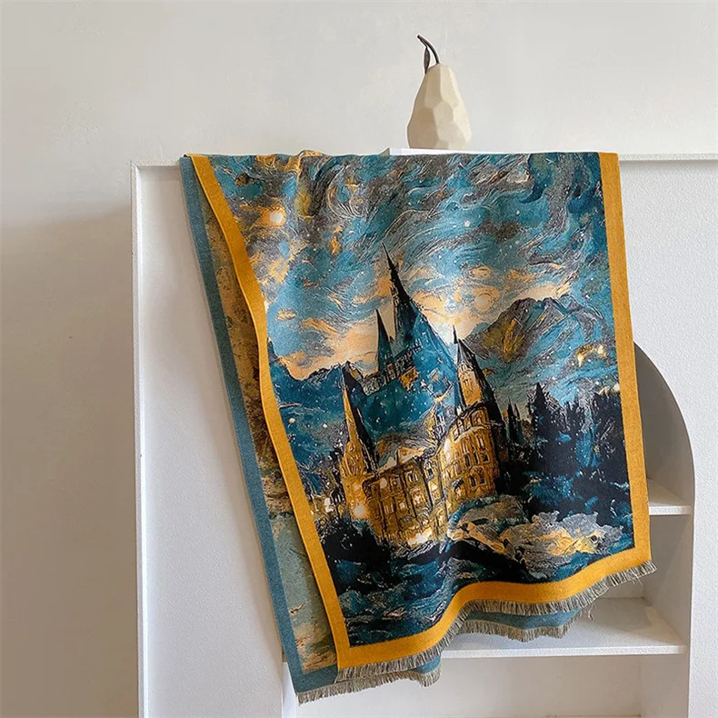 oversized thermal shawl female Van Gogh oil painting style thickened large cape air conditioner shawl scarf