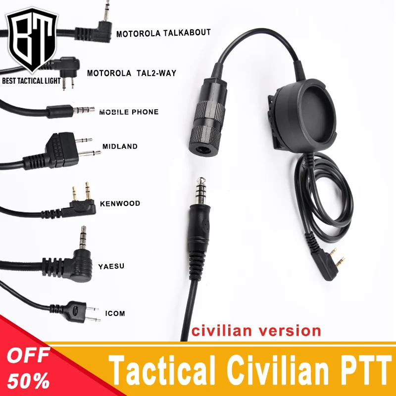 

WADSN Civilian Tactical Headset PTT Plug Hole Headphone Metal Clip Large Push-to-Talk Button Fit Kenwood M1 M2 Walkie-talkie