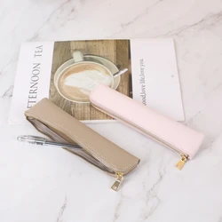 Simple Pen Sleeve PU Leather Mini Small Pen Bag Zipper Pencil Pouch Stationery Fountain Pen Holder Case Student School Supplies