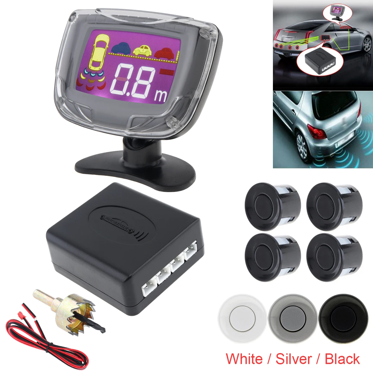 

Waterproof Intelligent Parking Assistance System with 4 Parking Sensors and LCD Display Monitor - 3 Optional Colors