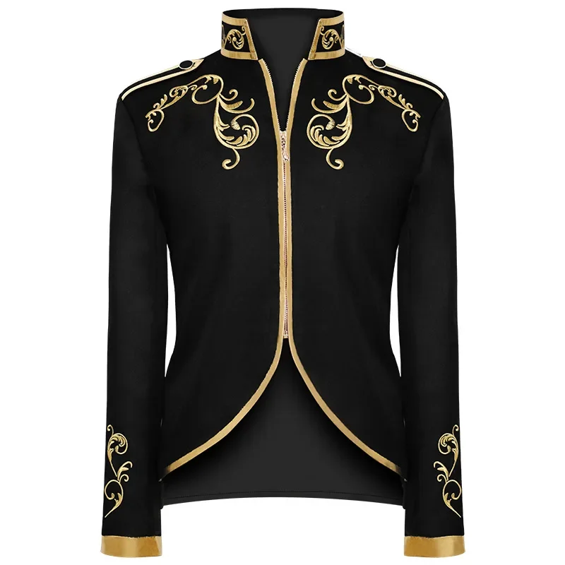 Vintage Men\'s Victorian Medieval Steampunk Cosplay Costume Jacket Coat Embroidery Zip Up Stand Collar Prince King Blazera Coats