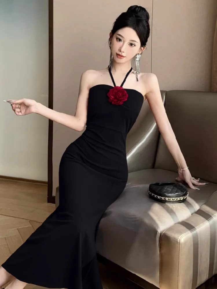 Topenomi Elegant Banquet Evening Dress Women Sexy Color Contrast Flower High Waist Slim Split Long Party Cocktail Dresses Robe