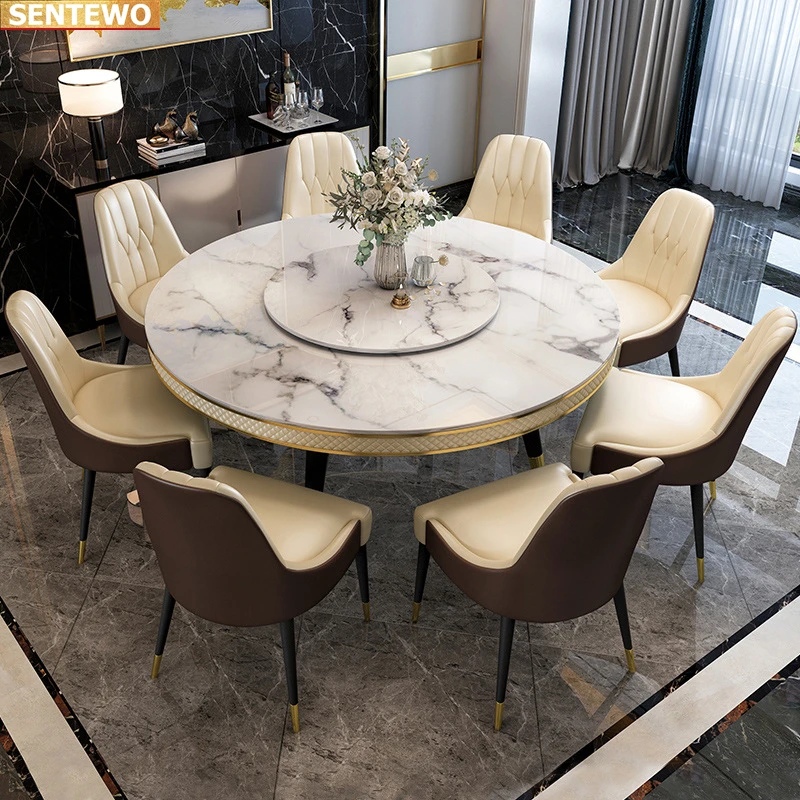 Designer Luxury round kitchen Marble Rock Slab dining table set 8 chairs tisch furniture meuble marbre Stainless steel gold base