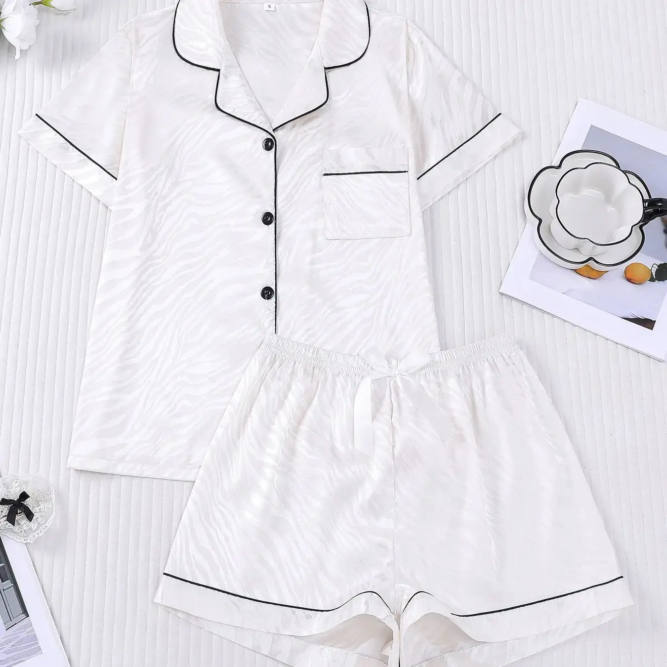 Ice silk cool zebra print sleepwear set for women's summer loose short sleeved shorts, home casual sleep two-piece set