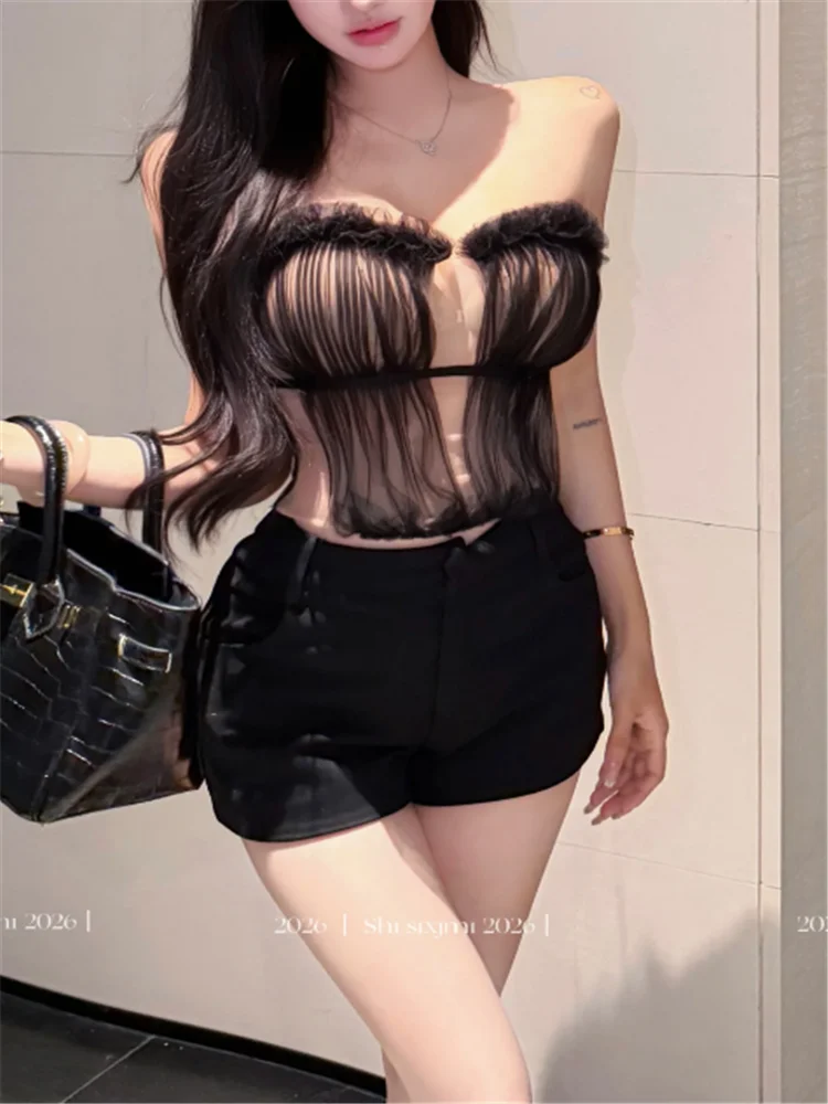 Sexy Black Sheer Mesh Strapless Mini Vest Summer Slash Neck Sleeveless Transparent Tube Top Shirt Spicy Girl See Through Camis