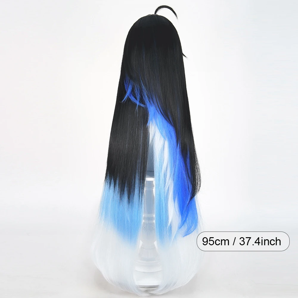 Black Ombre Blue White Synthetic Long Straight Wigs with Bangs Anime Game Cosplay Fluffy Wig for Daily Party