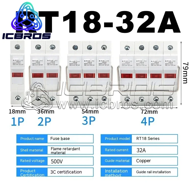 ฐานฟิวส์ RT18-32X รางนำพีวีซีหนาใหม่แถบฟิวส์ไฟ1P 2P 3P 4P
