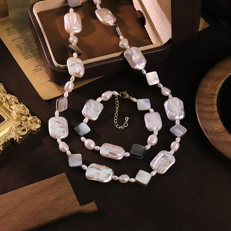 Freshwater Baroque Pearl Shell Jewelry Set for Ladies Elegant Choker Necklace + Bracelet Beads Collar Party Luxury Accessories