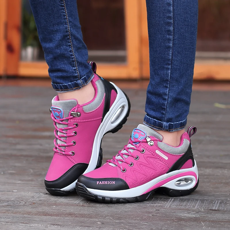 Height Increasing Sport Shoes Women Lace-up Air Cushion Canvas Sneakers Non-slip Slip On Platform Shoes Soft Athletic Shoe Red