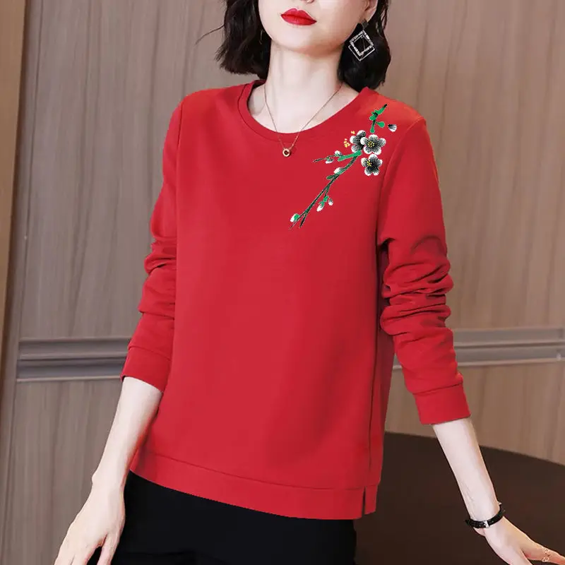 Elegant Fashion Floral Print Solid Color T-shirt Women\'s Clothing Autumn Winter New Casual Long Sleeve O-Neck All-match Tops