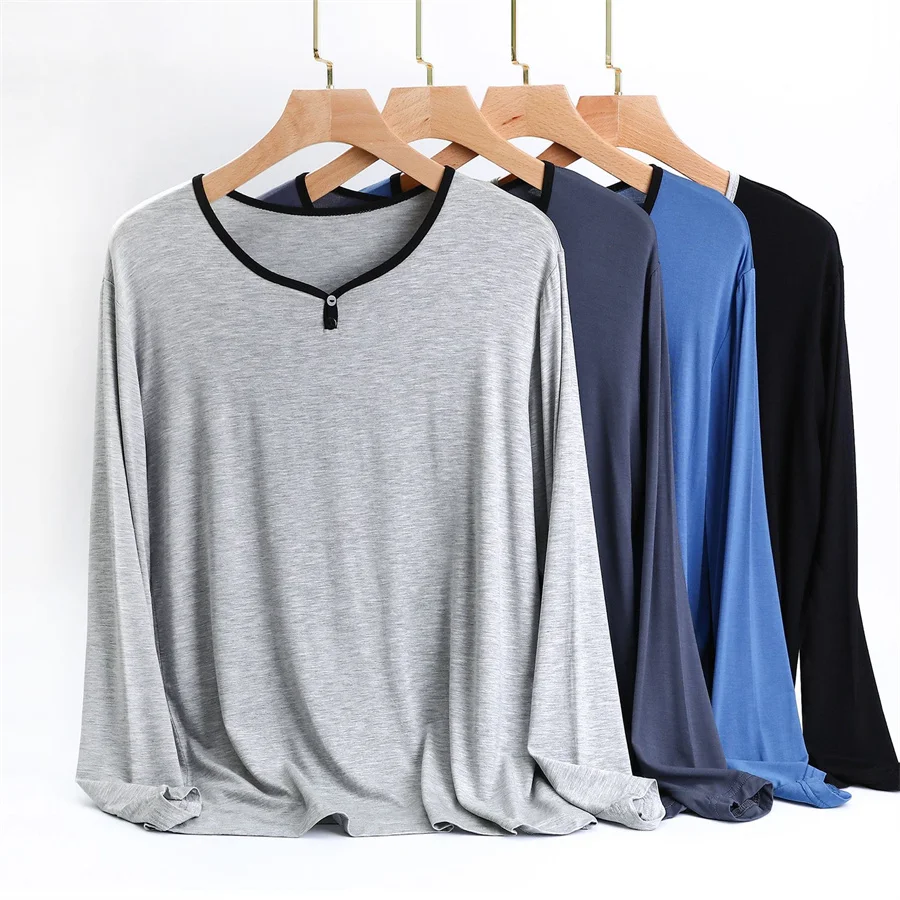 2024 New Men\'s Long Sleeve Spring Autumn Thin Modal Homewear Casual T-shirt Elastic Roomwear Single Piece Pyjamas Sleep Tops