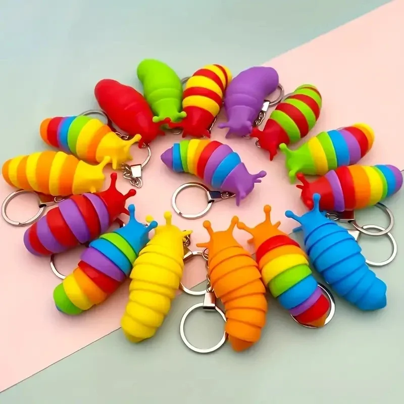 Mini Fidget Slug Keychain Toys 3D Articulated Stretch Caterpillar Sensory Stress Relief Flexible Hand Toy Keyring Bag Pendents