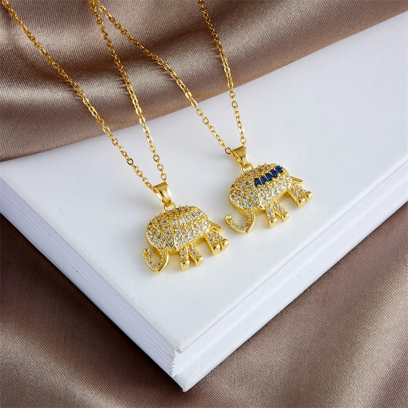 Stainless Steel Chain Classic Shiny Zircon Cute Elephant Pendant Necklace for Women Lady Vintage Jewelry Accessories Gifts