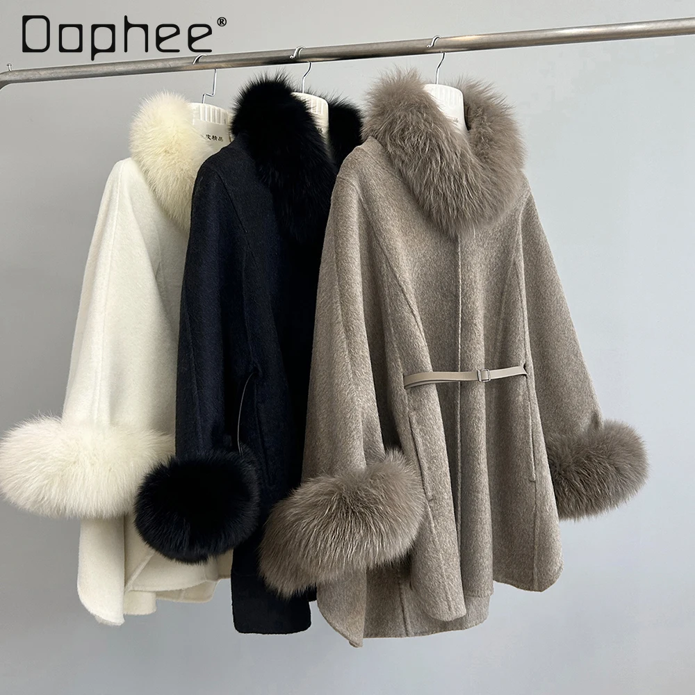

High-End Socialite Style Fox Fur Collar Double-Sided Wool Coat Women Fashion Mid-Length Cape Shawl Woolen Jackets Winter New