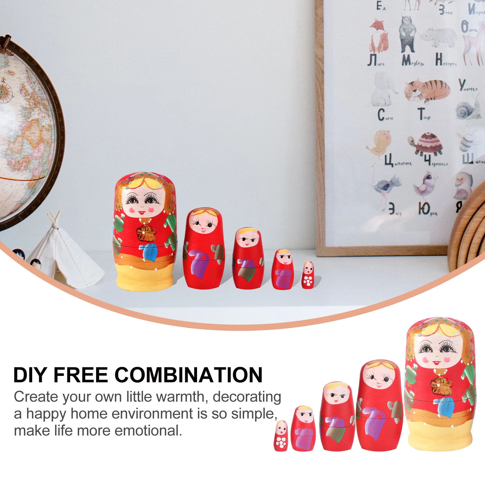 

5pcs Wooden Matryoshka 5 Sizes Bright Cartoon Nesting Toy Matryoshka Safe Kids Play Water Stickers