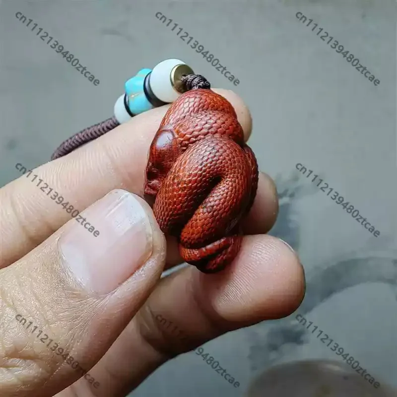 Hand Carved Red Sandalwood Zodiac Snake Pendant Key Chain Retro Wooden Hanging Ornament for Car Key Gift Collection