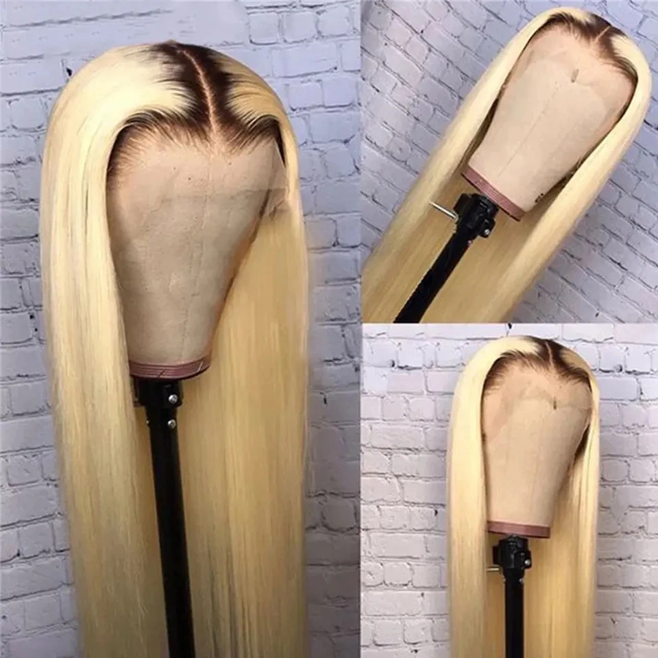 1B613 Blonde Dark Roots Bone Straight Lace Front Human Hair Wig Glueless Vietnamese 13x4 Transparent Lace Frontal Wigs for Women