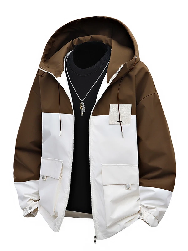Casual Hooded Jacket for Men Spring Autumn Trendy Splice High School Boys Student Uniform Top New Style Outdoor Polyester