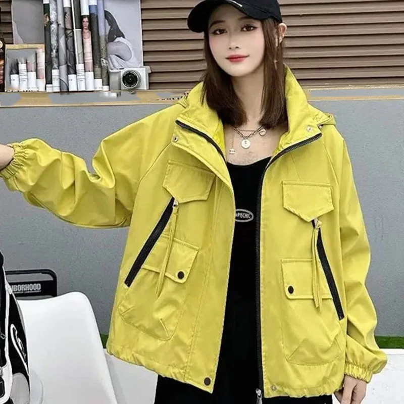 2024 Women Hooded Short Coat Spring Autumn Female Loose Fitting Charge Work Suit Jacket Ladies Fashion Long Sleeved Outerwear