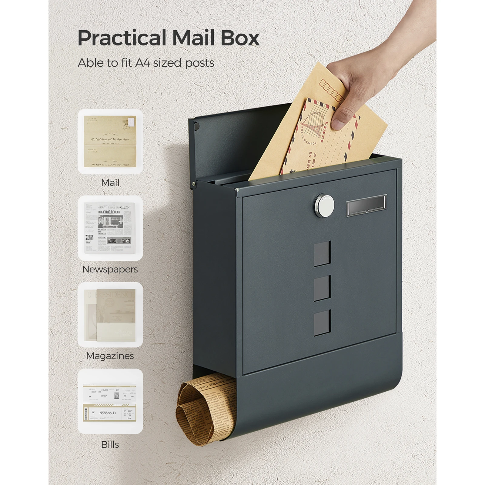 SONGMICS GMB20AG Wall-Mounted Post Box with Lock with Rotating Lid, Viewing Window, Name Holder, Newspaper Compartment