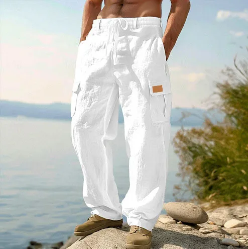 Men Cotton Linen Blend Cargo Pants, Elastic Drawstring Waist Multi Pocket Breathable Fashion Casual Work Trousers