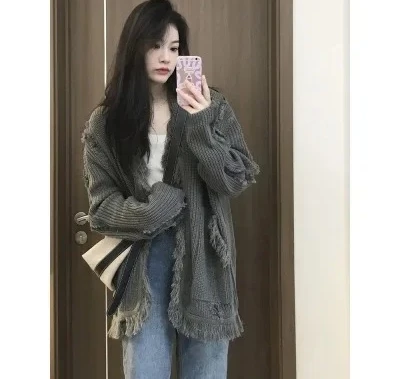 

V-Neck Autumn Design Gray Comfortable Top Fashion Korean StyleLoose Casual Women's Knitted Sweater Jacket