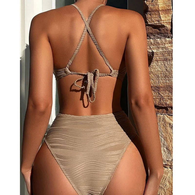 Cross-Season New Striped Drawstring Gathered Sexy Strap Bikini Solid Color High-Waisted Women's Two-Piece Swimsuit