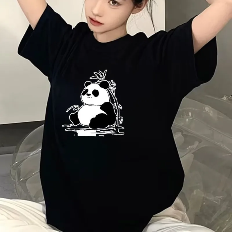 COTTON 100% Europe and The United States New Cartoon Panda 3D Digital Print Loose Short Sleeve Cute Women's T-shirt