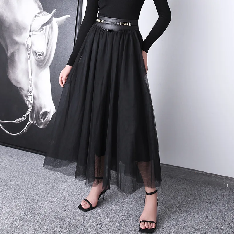 

2023 Women New Waist Mesh Long Umbrella Skirt Genuine Sheepskin Leather Skirt E23