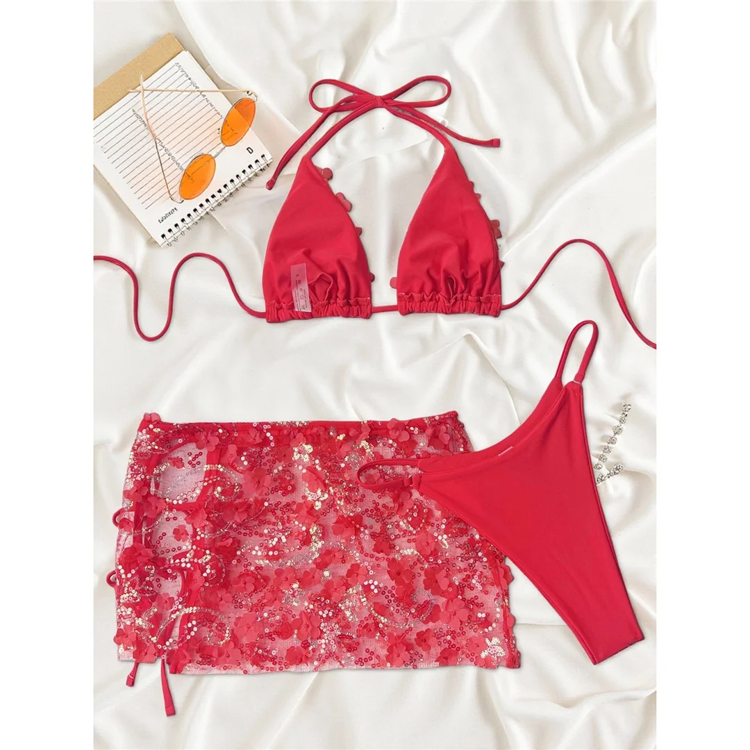 S - XL Dreiteiliges Bikini-Set mit Rock, Blumen, Pailletten, Damen-Bikini, Badeanzug, Badebekleidung, Badeanzug, Schwimmbekleidung V7864 – Detail 30