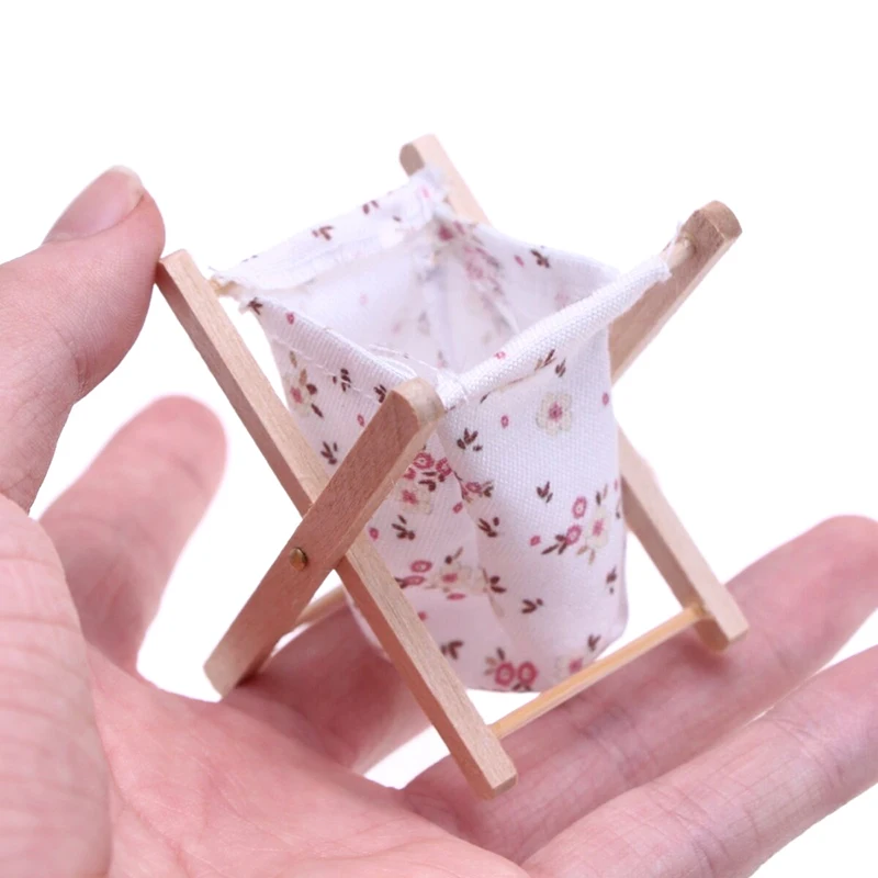 1/12 Dollhouse Miniature Wooden Folding Clothes Storage Basket Dirty Laundry Basket Home Bathroom Decorative Accessories