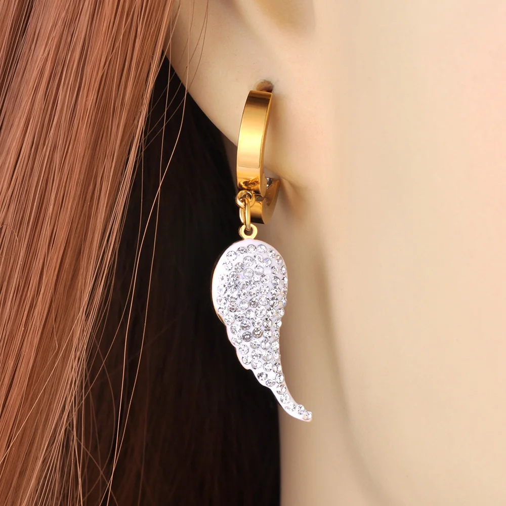 Lokaer White Clay Crystal Angel Wings Hoop Earrings For Women Trendy Stainless Steel Rhinestone Earrings Серьги Женские E23030