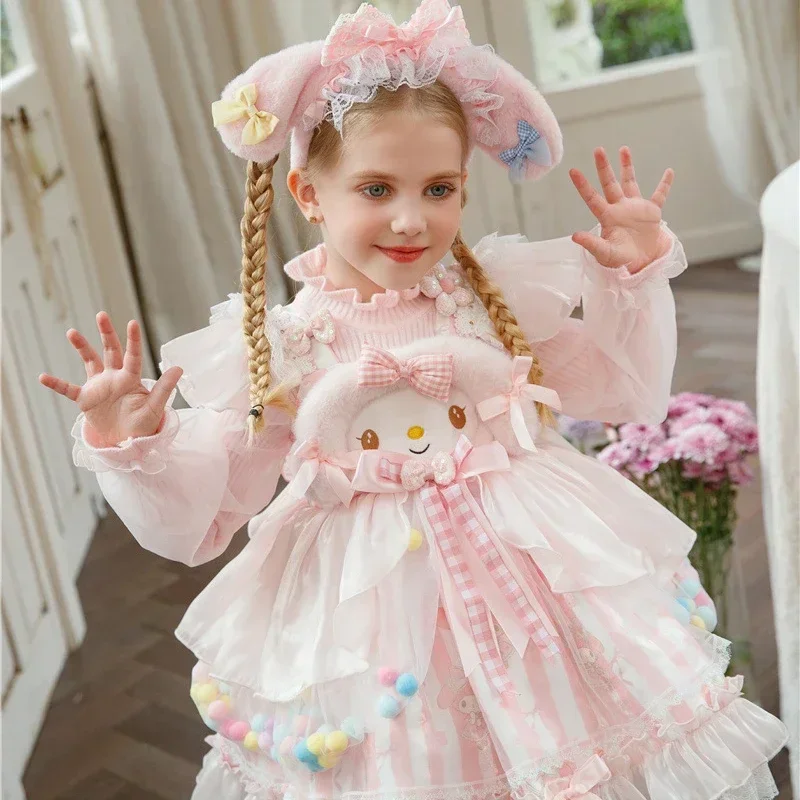 Sanrio My Melody Children's Dress Cartoon CosPlay Academy Style Pleated Skirt Halloween Princess Clothes Girl Birthday Gift