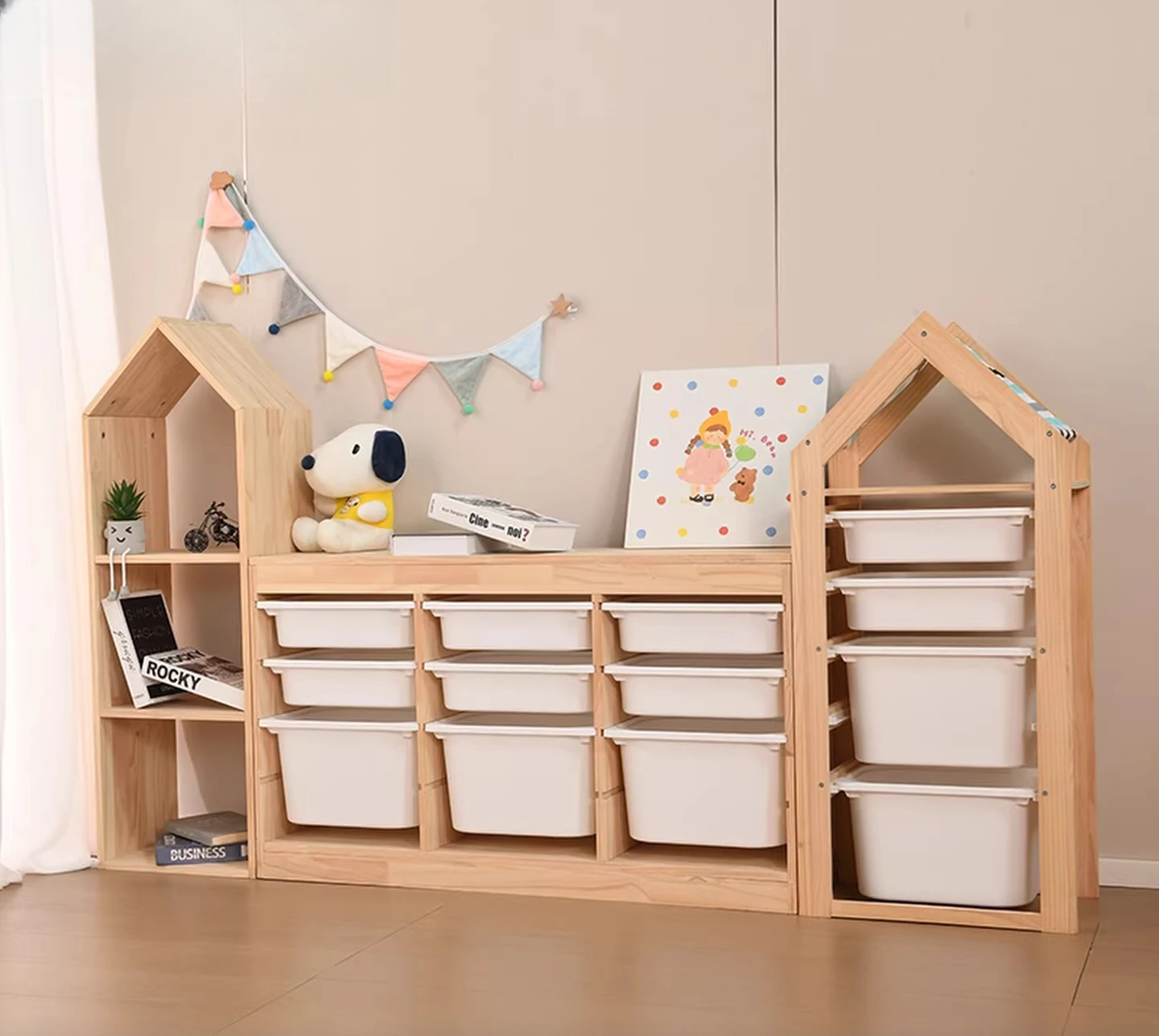 

Детский шкаф для хранения игрушек из массива дерева, комод-стеллаж для книг, два в одном: шкаф для хранения и книжный шкаф.