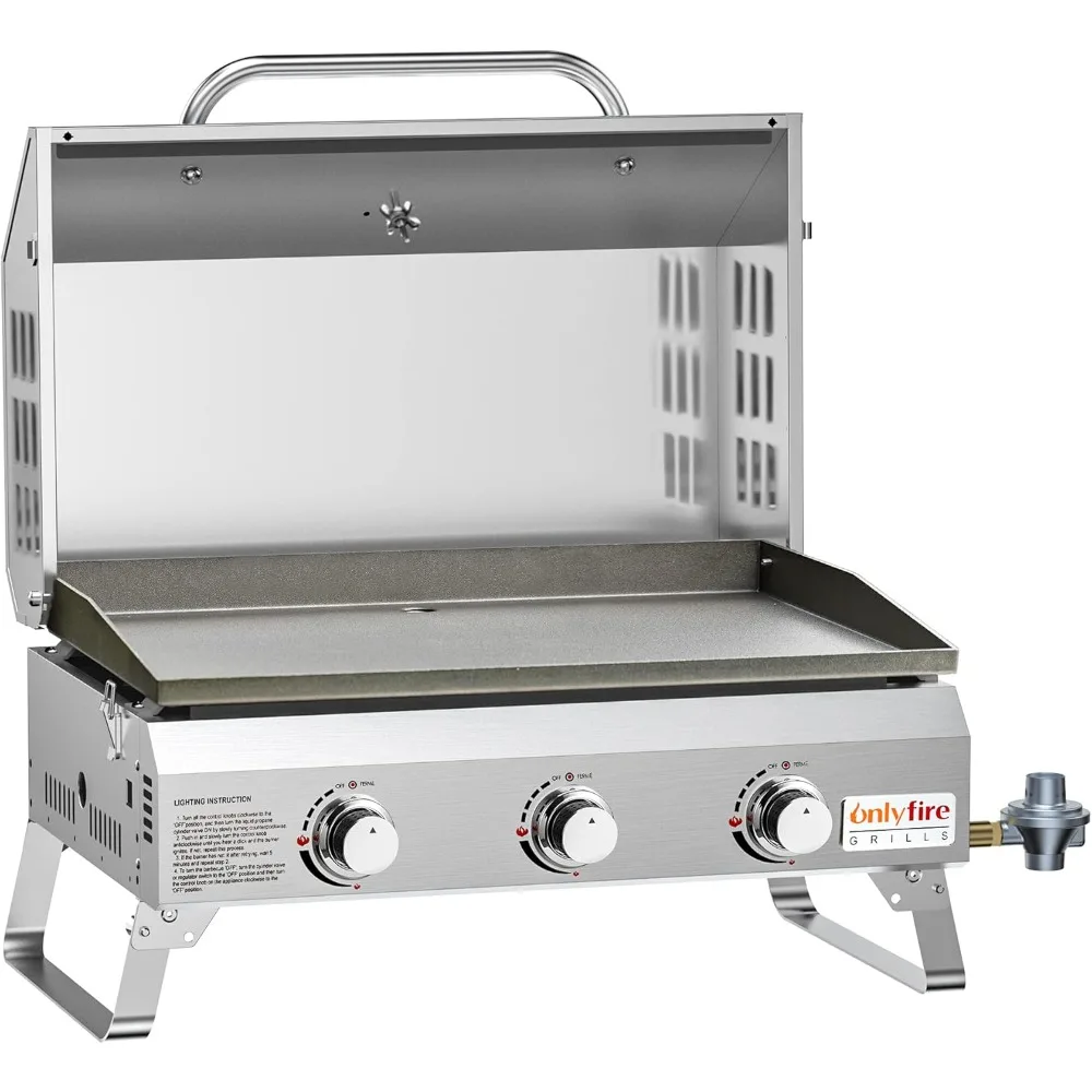 Flat Top Gas Griddle with Foldable Legs, 3-Burner Stainless Steel Propane Gas Grill Griddle, 24” Portable Tabletop Griddle