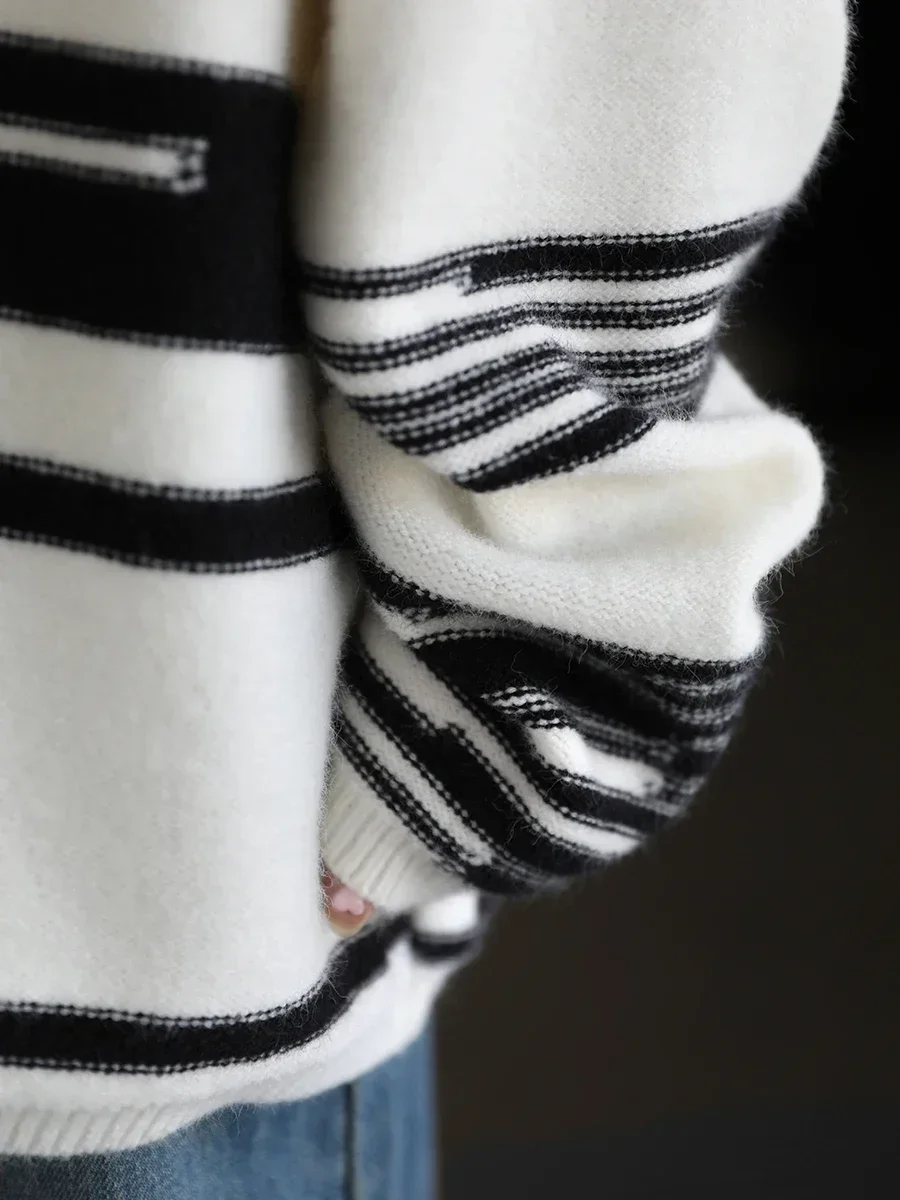 CHIC VEN Women Sweaters Streetwear Casual Loose Pullover Stripe Girl Jumpers Thick Warm Female Tops Autumn Winter 2025 Plus