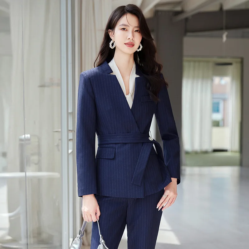 Ensemble de costume rayé haut de gamme avec couture, pantalon élégant pour les déplacements professionnels, ensemble deux pièces pour femmes, 2024