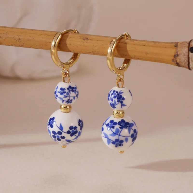 

New Ceramic Ball Beads Drop Dangle Hoop Earrings for Women,Lightweight Vintage Statement Jewelry Earrings For Party Prom