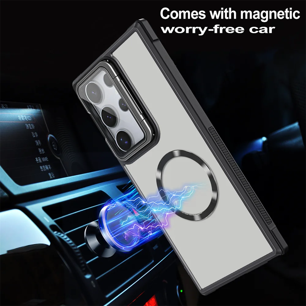 Magnetic Camera Stand Holder Clear Case for Samsung Galaxy S24 Ultra S23 Plus S24 FE S20 S21 Shockproof Hard Acrylic Phone Cover