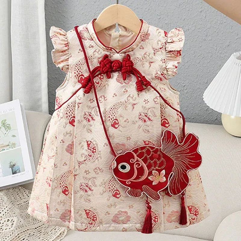 2PCS Sets Summer Girls Dresses Chinese New Year Cute Fish Embroidery Sleeveless Luxury Princess Baby Dress+Bag Kids Clothes B235