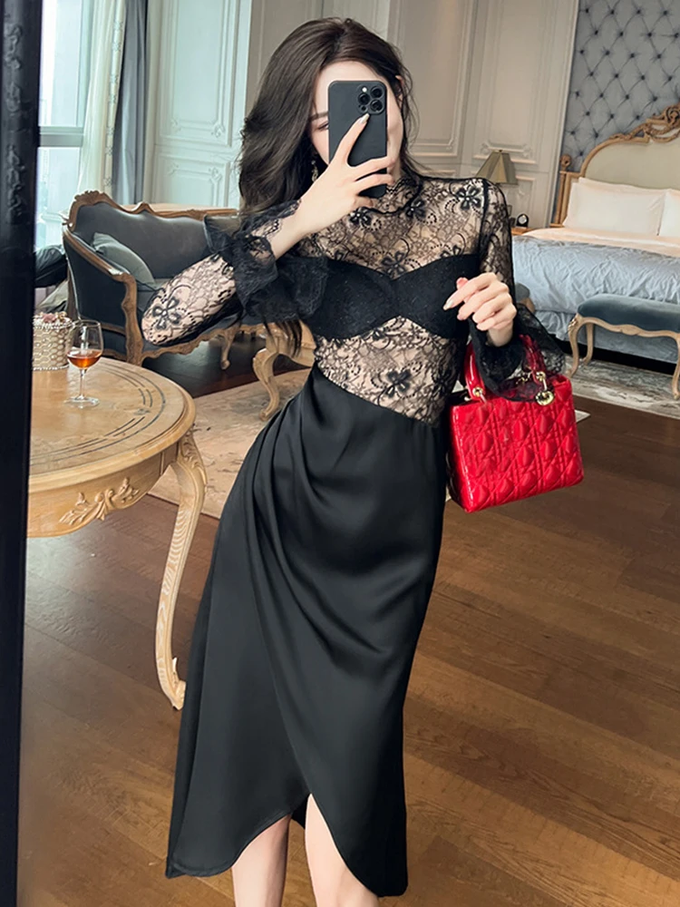 Elegant Fashion Sexy Midi Dresses for Women 2023 Black Sheer Lace Long Sleeve Satin Folds Asymmetrical Split Robe Party Vestidos