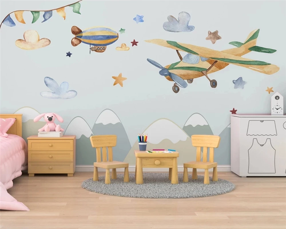 Customized Nordic Modern Hand Drawn Airplane Hot Air Balloon children's room 3d Wallpaper bedroom restaurant Living room cartoon