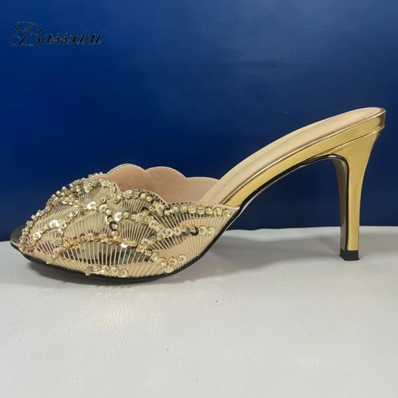 

Bling Sequins Embellishment Summer Mules 8cm Thin High Heel Slingbacks Concise Style Slim Sandals Women