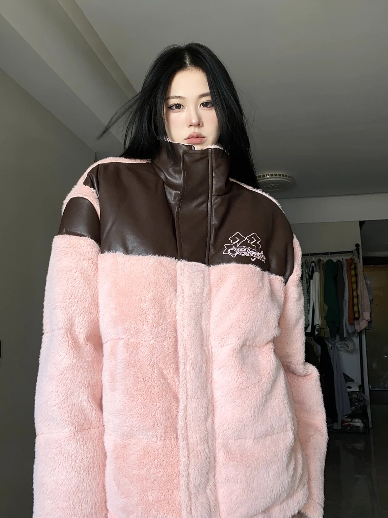 

BabyStudios Autumn Winter Women's Faux Hair Patchwork Cotton Jaet Warm Stand Collar Couple Matching Cotton Top