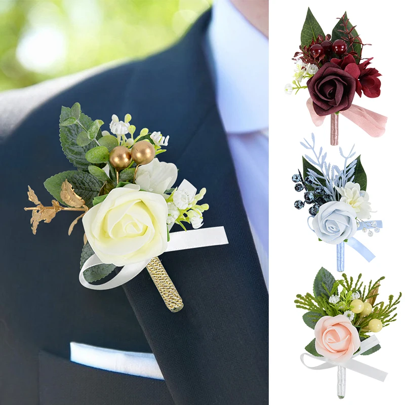 Wdding Groom Boutonniere Flowers Artificial Roses Silk Corsage Buttonhole Groomsmen Brooch Flowes Men Wedding Decor Accessories