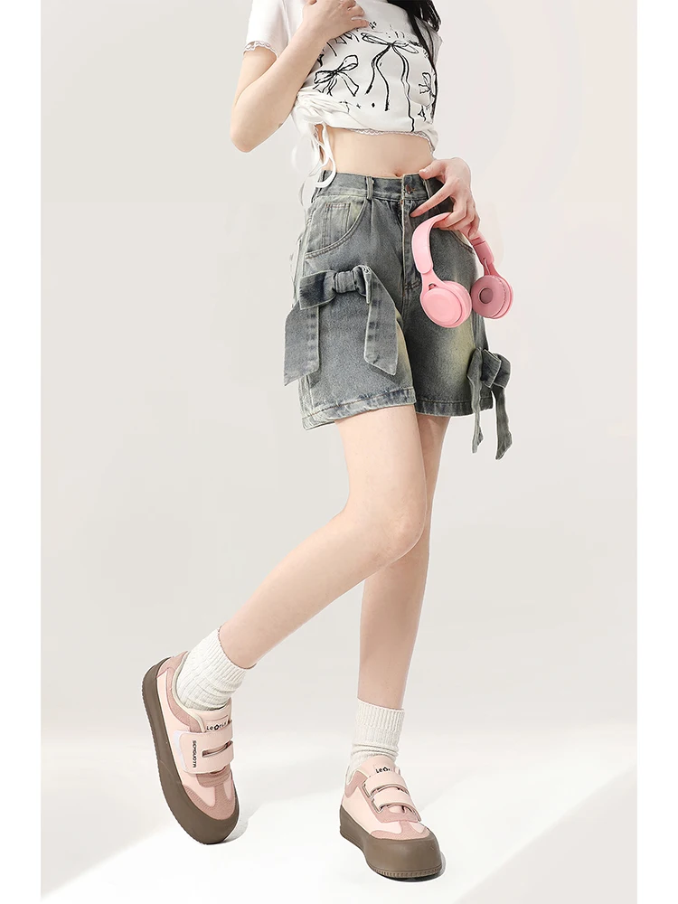 Summer Women Harajuku Fashion 2000s Gyaru Bow Jean Shorts Coquette Dark Academia Loose Denim Pants Grunge Kpop Y2k Chic Korean